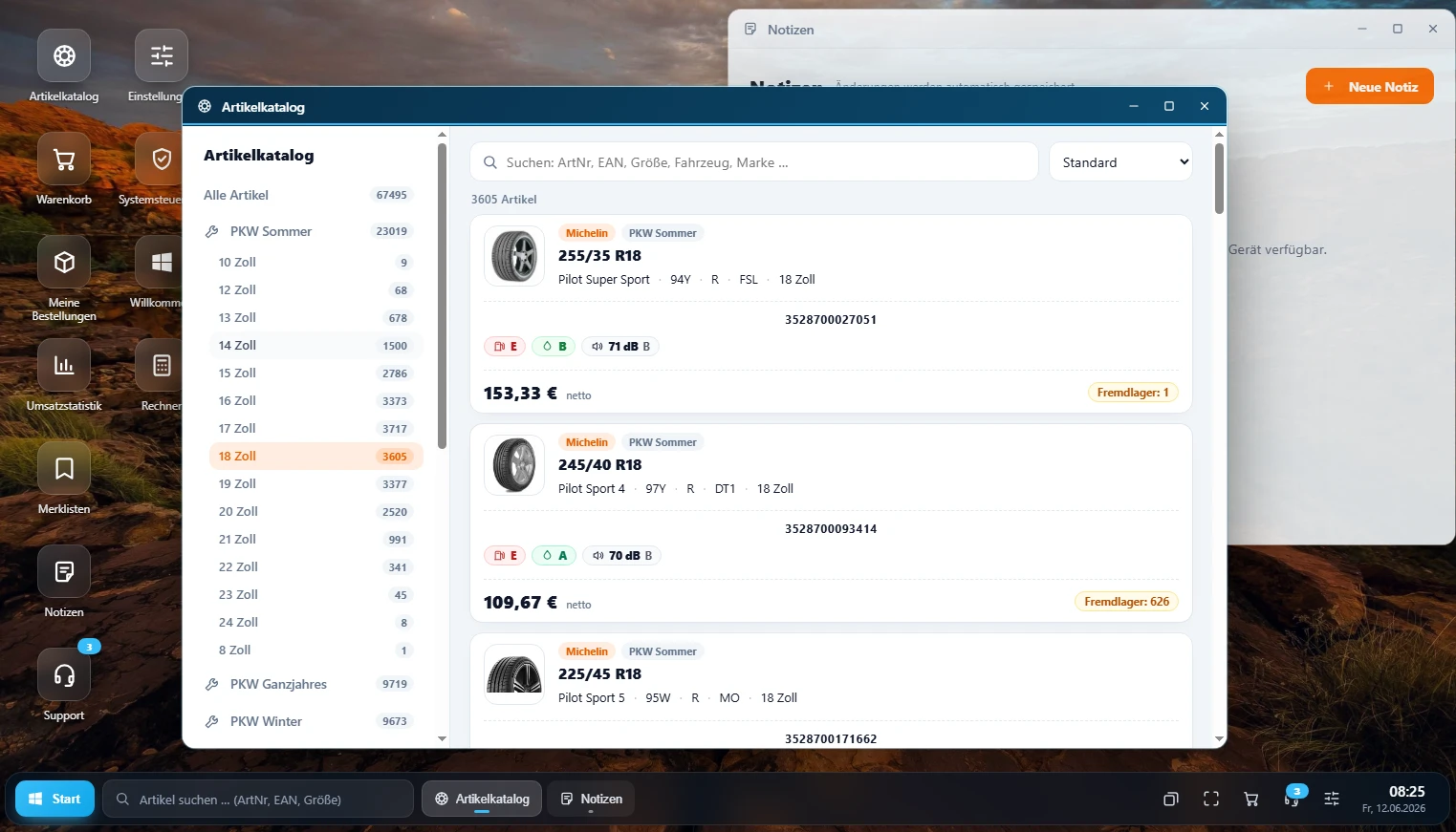 Screenshot: Artikelkatalog des MD-Handel Desktop-Portals mit Filterung nach Zollgröße, EU-Reifenlabel und Netto-Preisen