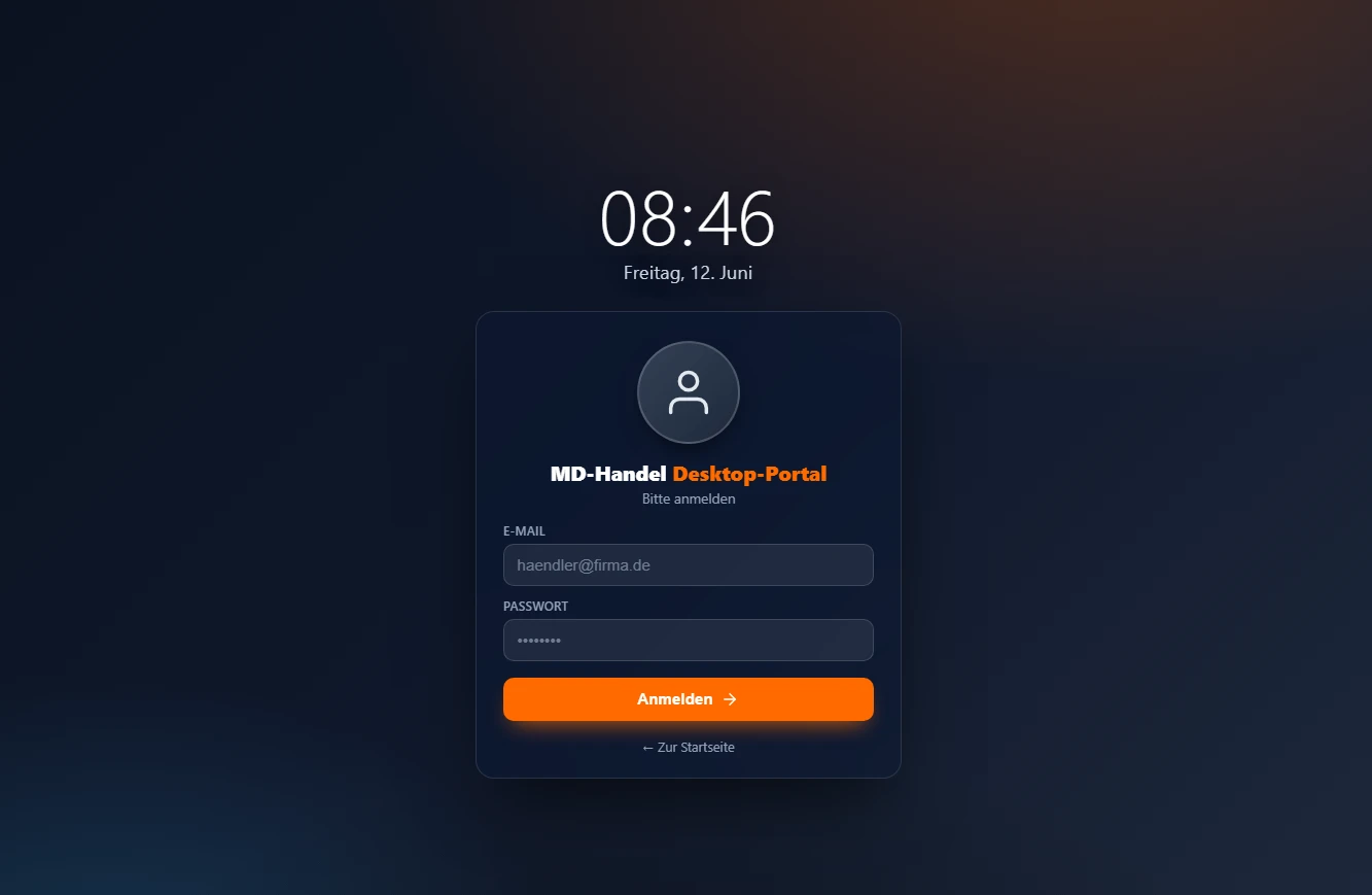 Screenshot: Sperrbildschirm-Anmeldung des MD-Handel Desktop-Portals mit Uhrzeit und Login-Formular