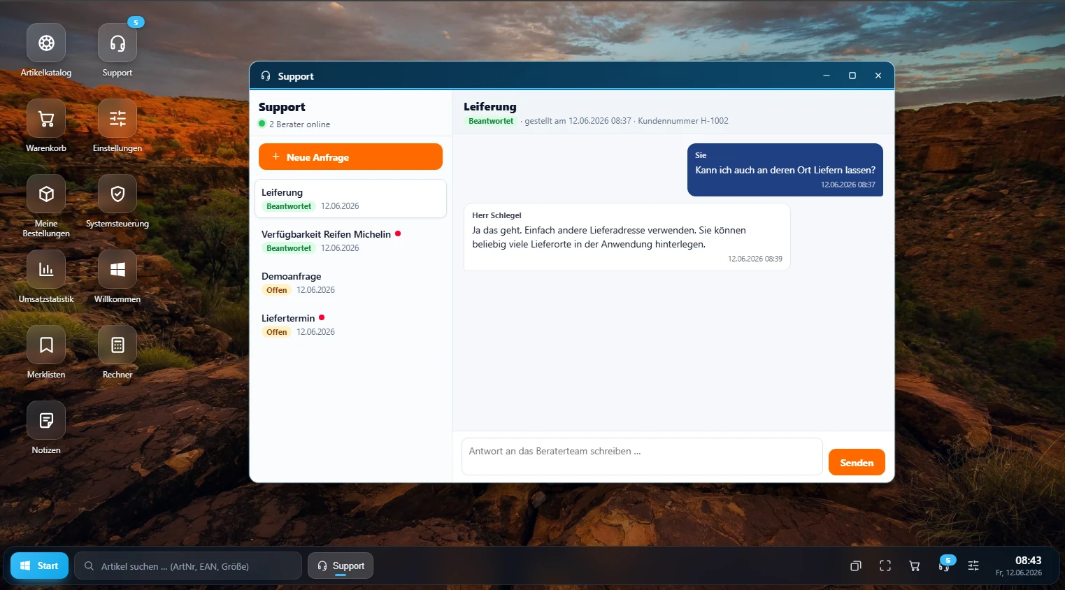 Screenshot: Support-Fenster mit Chat-Verlauf zwischen Händler und Beraterteam